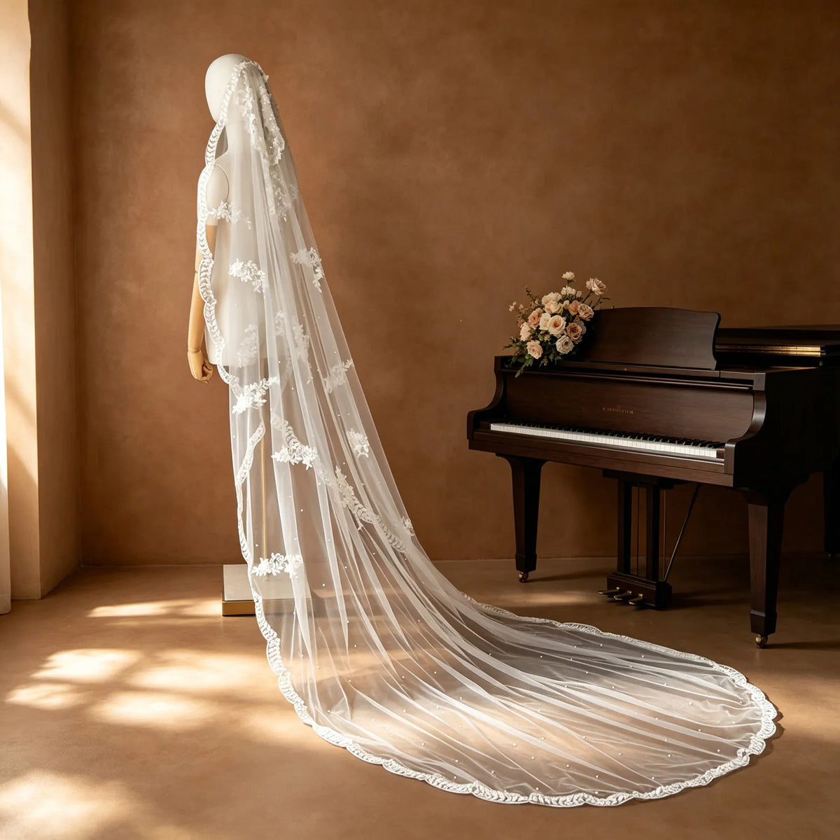 Full side train view of long cathedral veil with scalloped embroidered lace edging displayed next to a grand piano