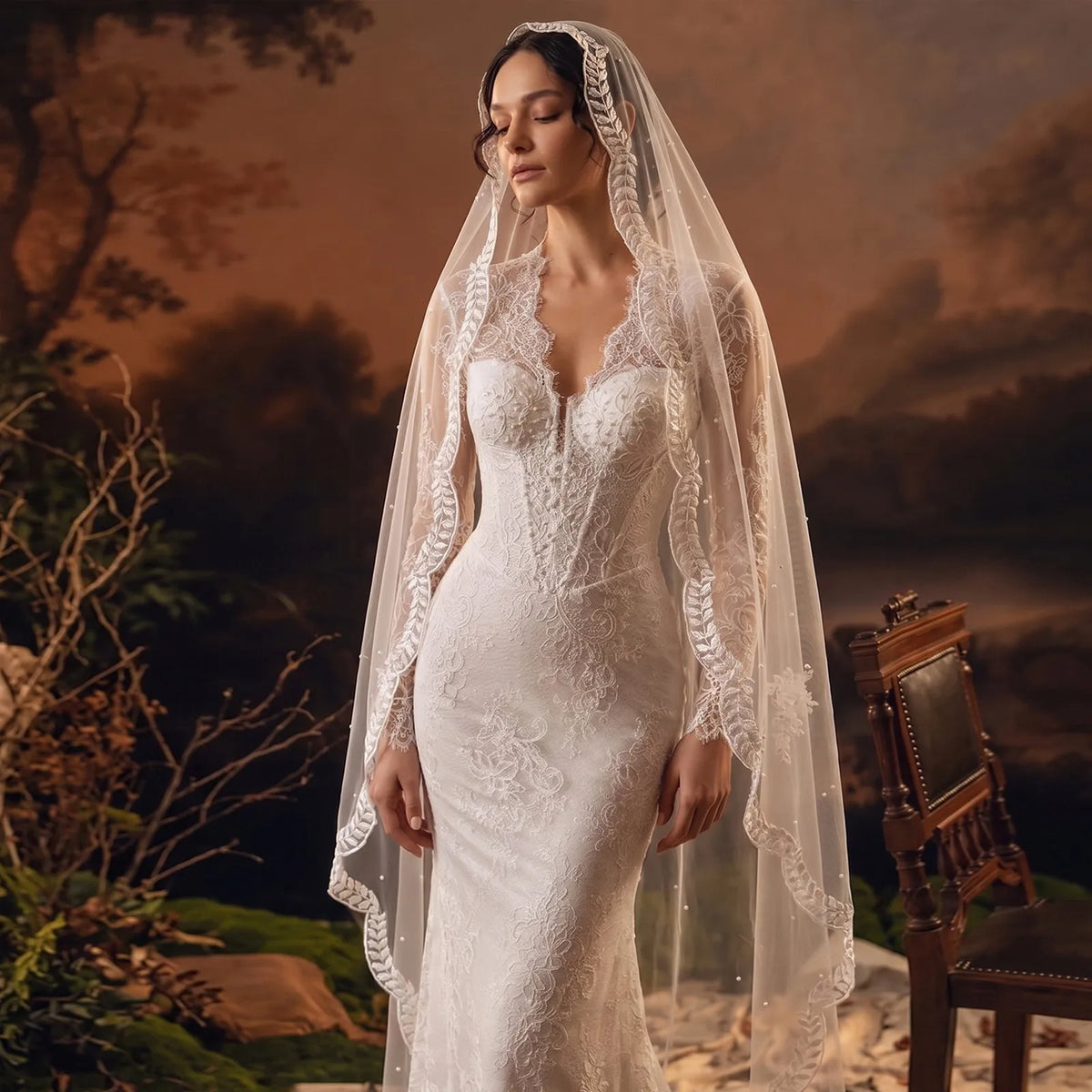 Elegant bride wearing leaf embroidered lace mantilla veil covering head with romantic sheer veil draping