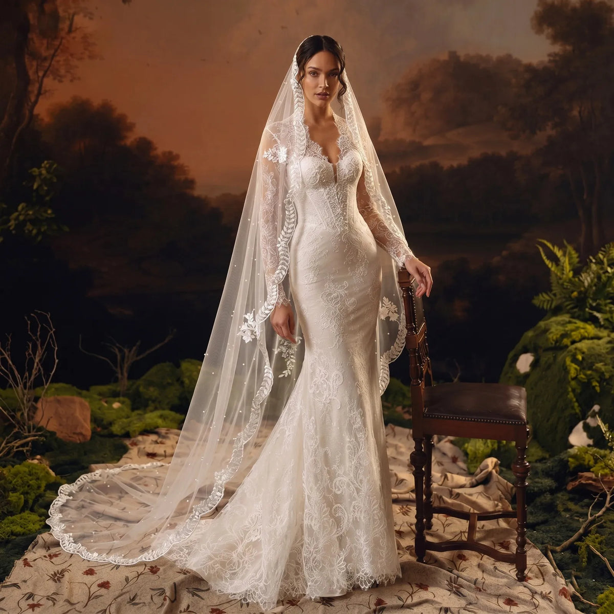 Three-quarter frontal shot of bridal veil with leafy border frame and pearl scatter accents