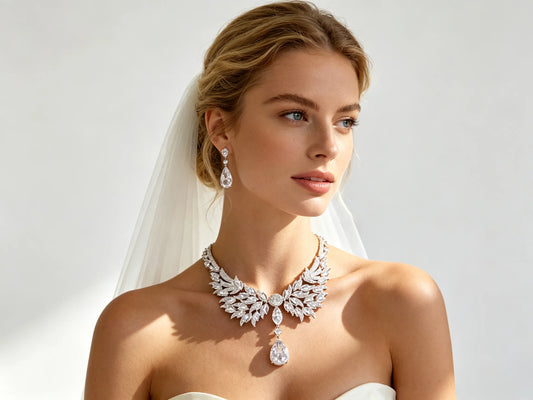 Wing-shaped zircon bridal jewelry set with statement choker necklace and teardrop drop earrings, elegant wedding accessories