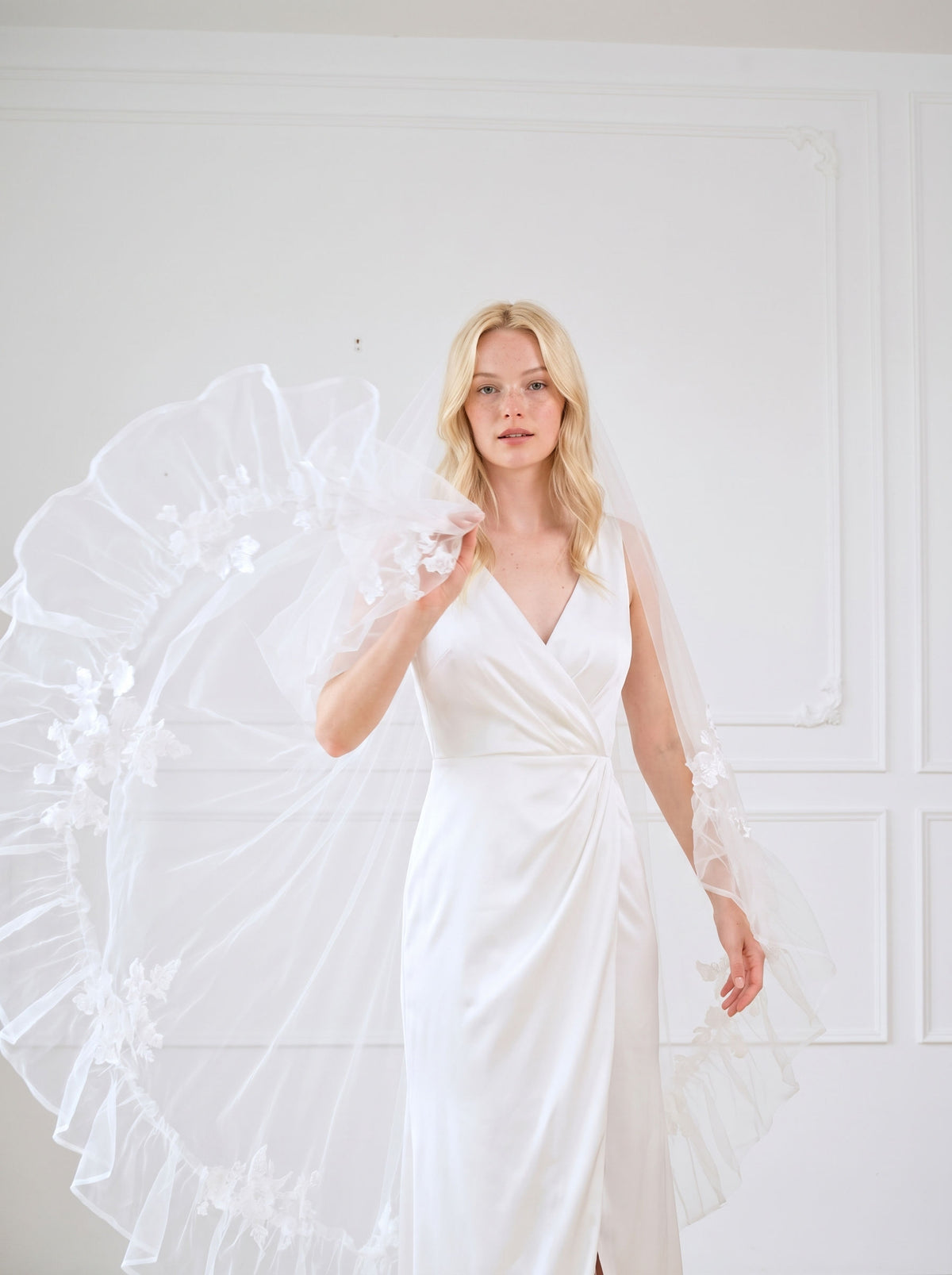 Floral lace ruffled long cathedral bridal tulle veil