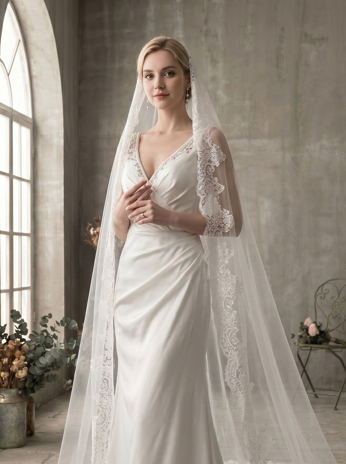 Bride wearing a single tier lace cathedral wedding veil