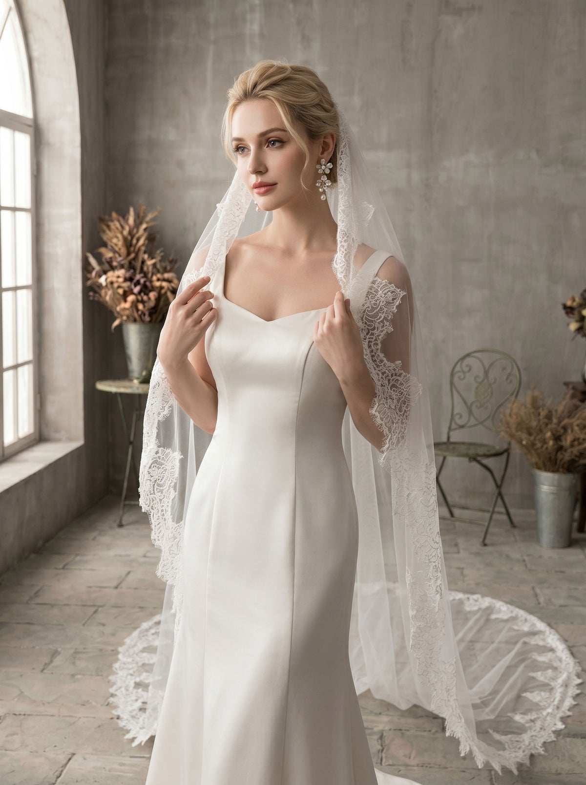 Bride wearing a single tier lace cathedral wedding veil