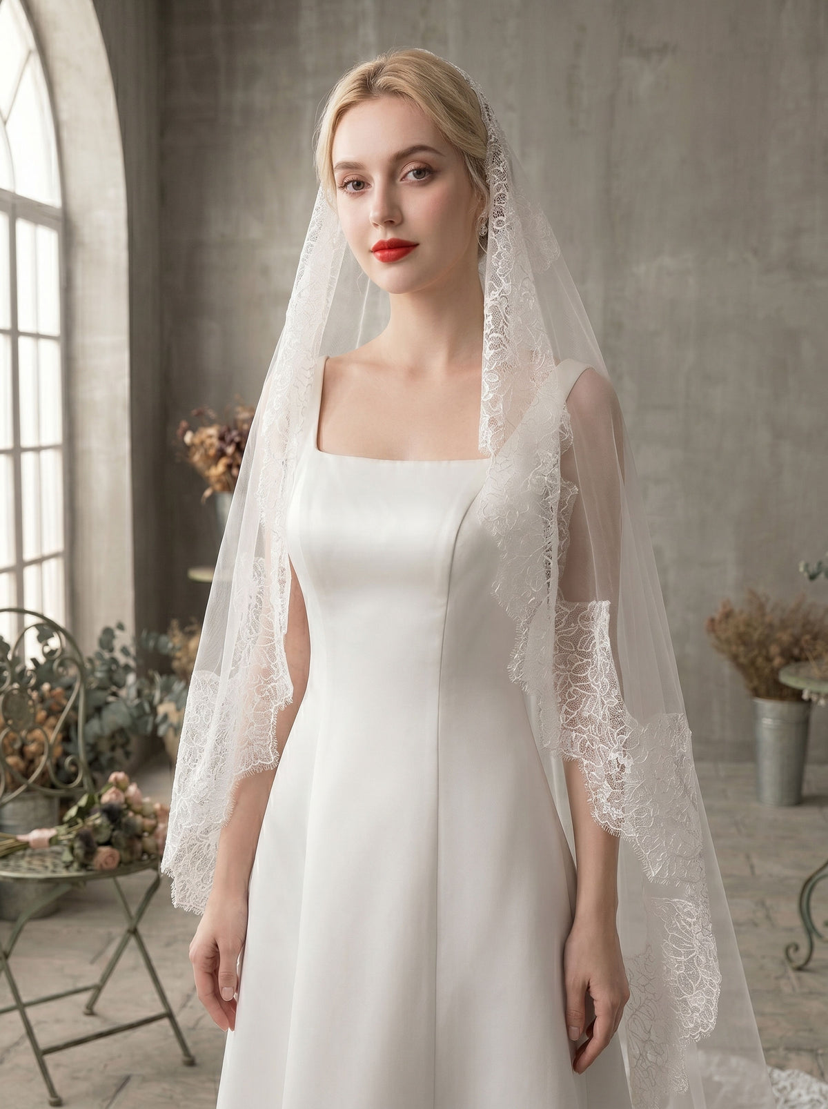 Chantilly lace cathedral wedding veil with 280cm train