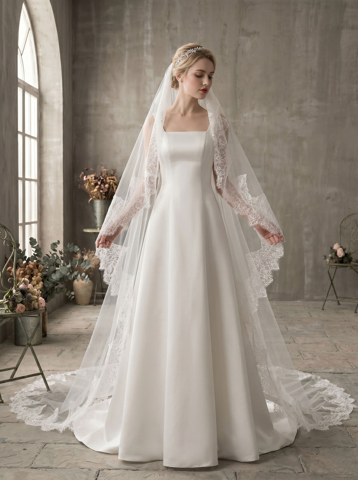Bride wearing a sleek single tier cathedral veil