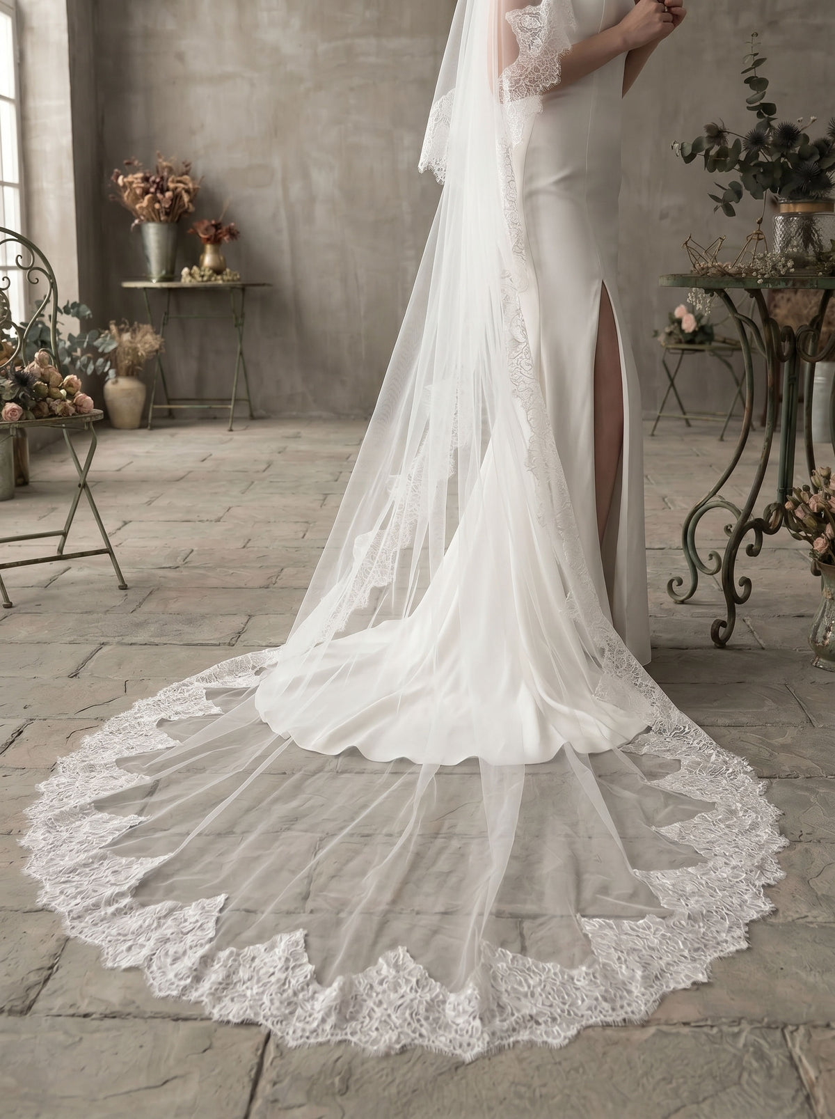Close up of floral Chantilly lace edge on wedding veil