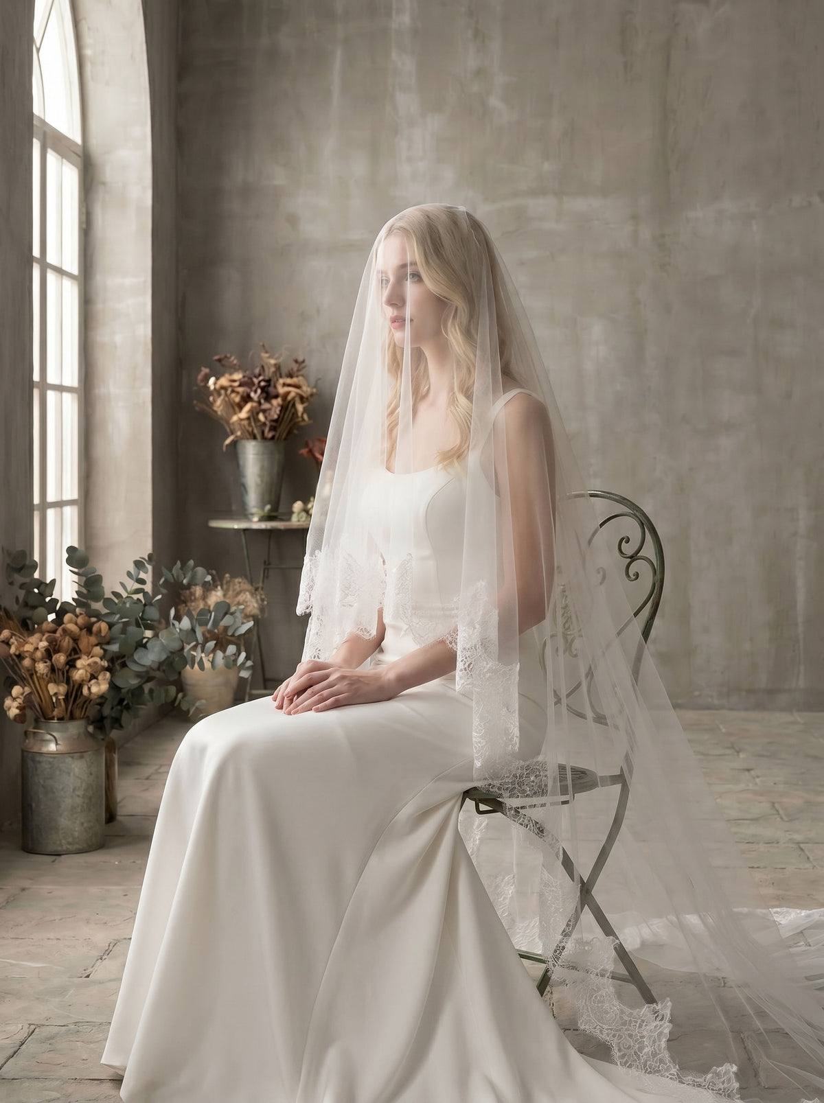 Soft milk white tulle cathedral wedding veil