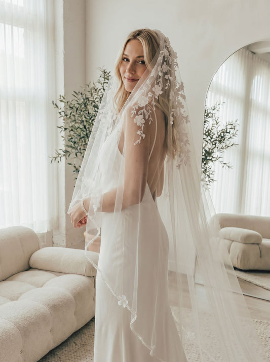 3D flower applique blusher cathedral wedding veil with soft sheer tulle for delicate romantic bridal look