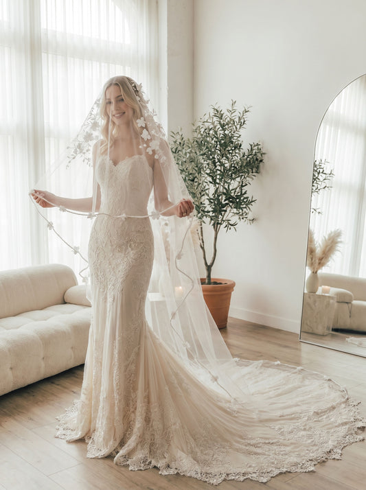 Back view bride portrait wearing floral blusher long cathedral tulle veil for wedding photoshoot