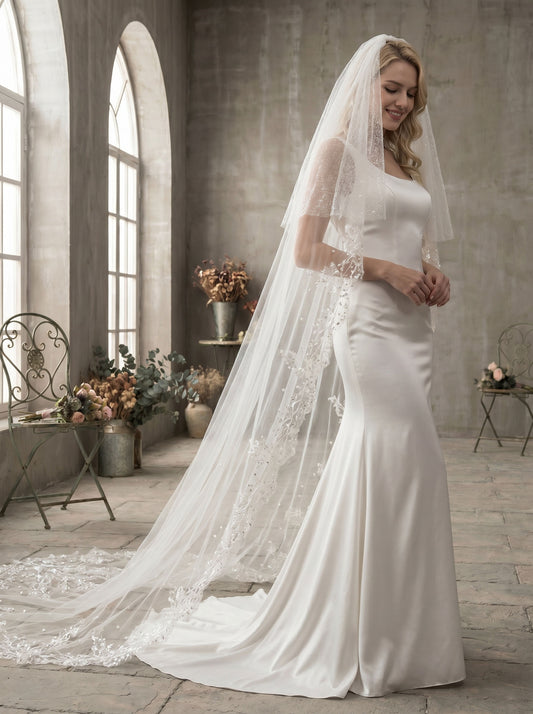 regal cathedral drop wedding veil with soft tulle blusher