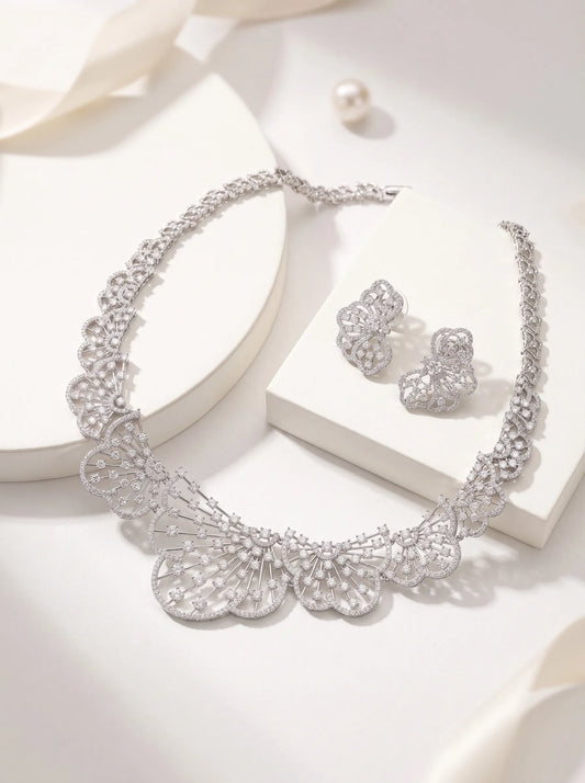 Silver hollow fan lace cubic zirconia choker necklace butterfly earrings bridal jewelry set for wedding dress formal party