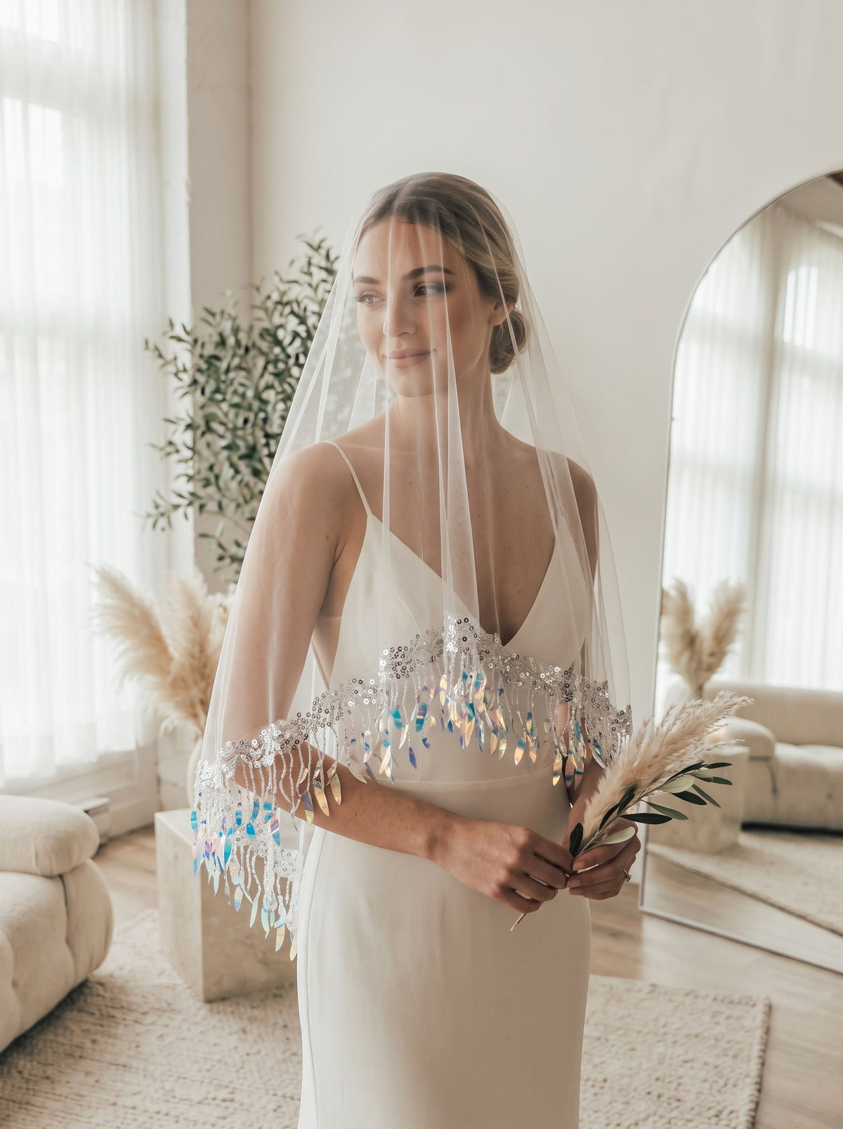 Iridescent sequin tassel wedding veil with holographic shimmer design