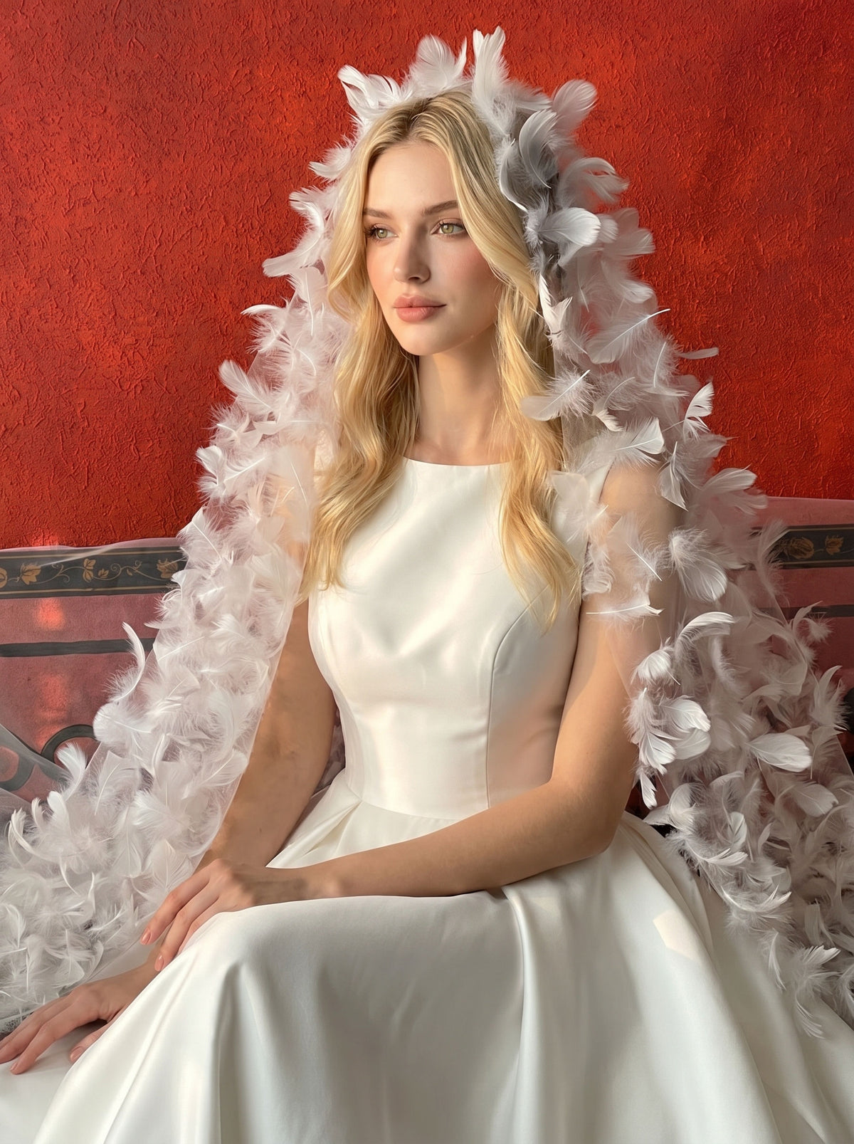 White feather embellished mid-length sheer tulle bridal veil