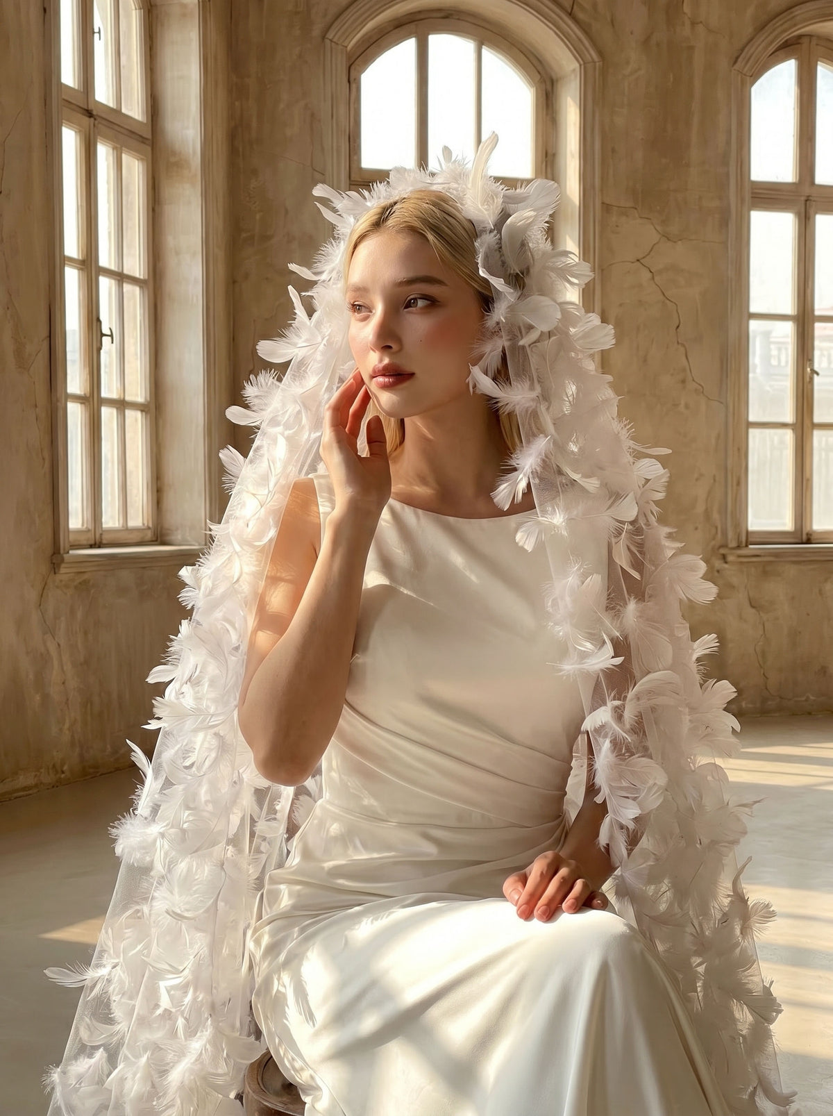 White feather embellished mid-length sheer tulle bridal veil