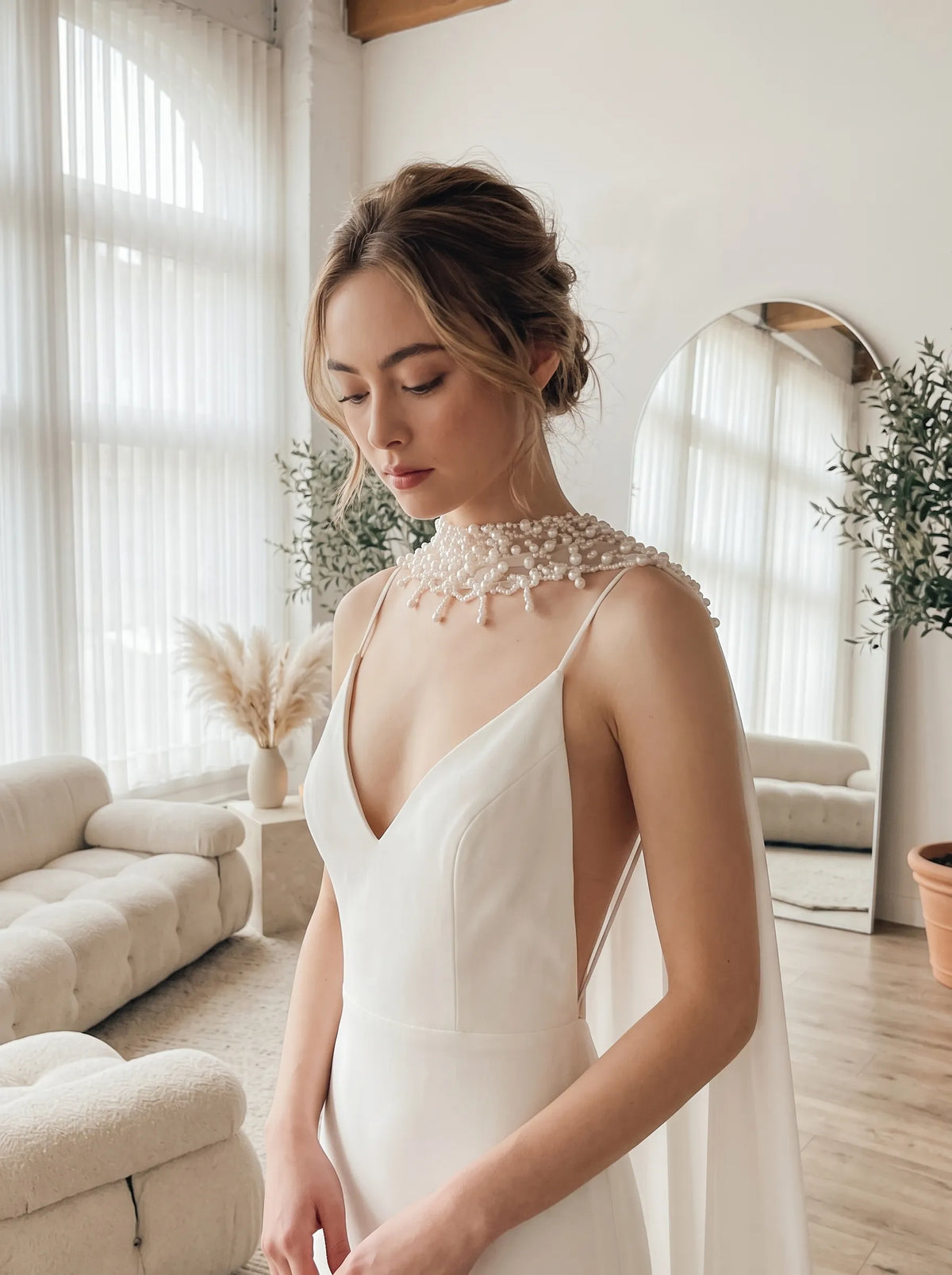Modern coastal mermaid style halter bridal cape veil featuring exquisite natural seashell embellishments, iridescent mother-of-pearl flakes, and clear glass bead embroidery around the neckline.