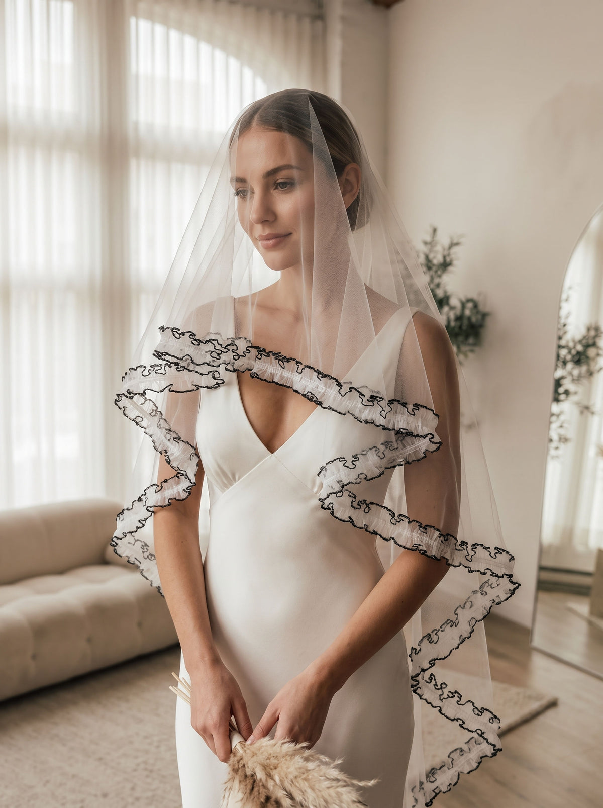 Black trim drop wedding veil