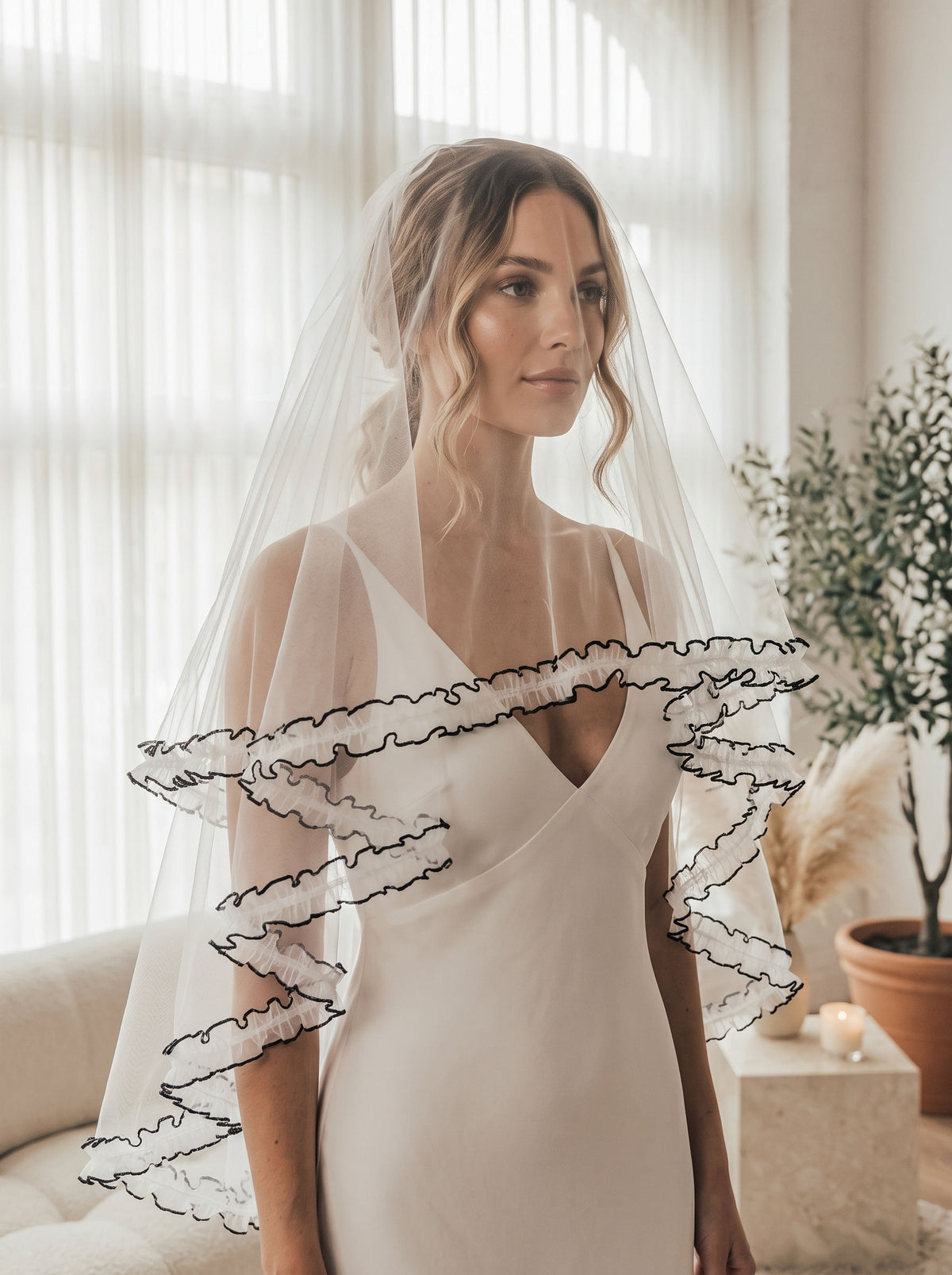 Black edge ruffle wedding veil