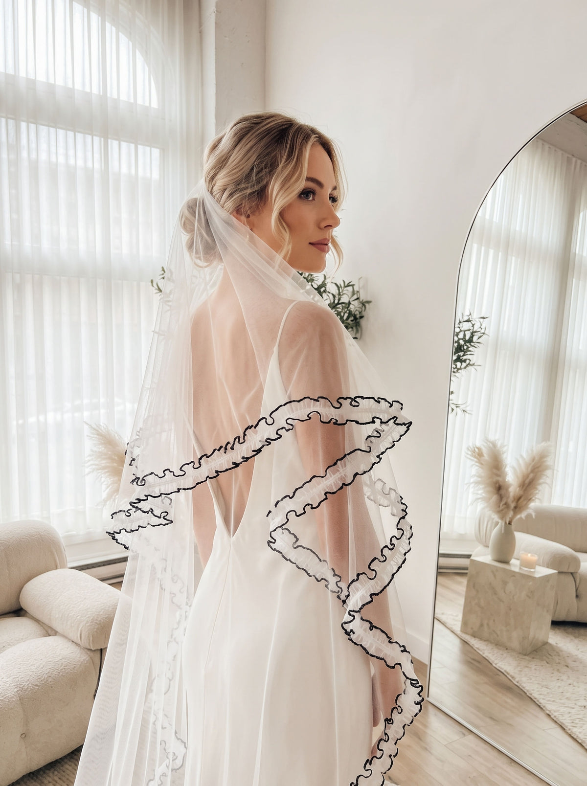 Modern single tier bridal veil with black wave trim