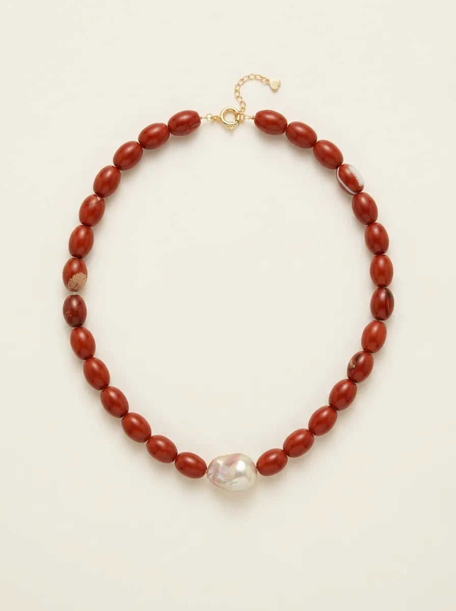 Full circular flatlay of red jasper bead necklace with 18K gold-plated S925 extender chain.