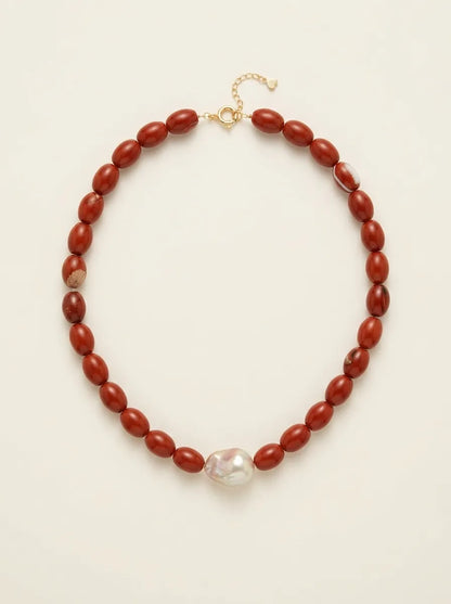 Full circular flatlay of red jasper bead necklace with 18K gold-plated S925 extender chain.