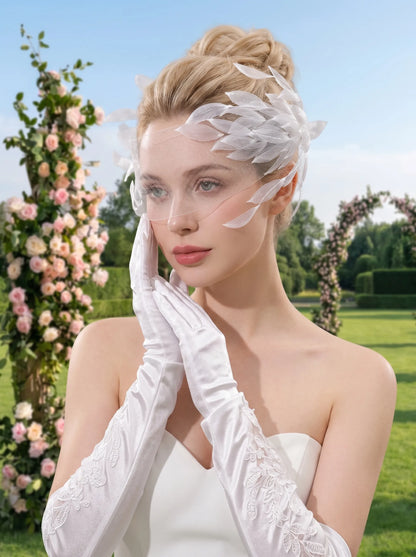 White organza leaf birdcage veil fascinator, sheer net face veil bridal headpiece for garden wedding