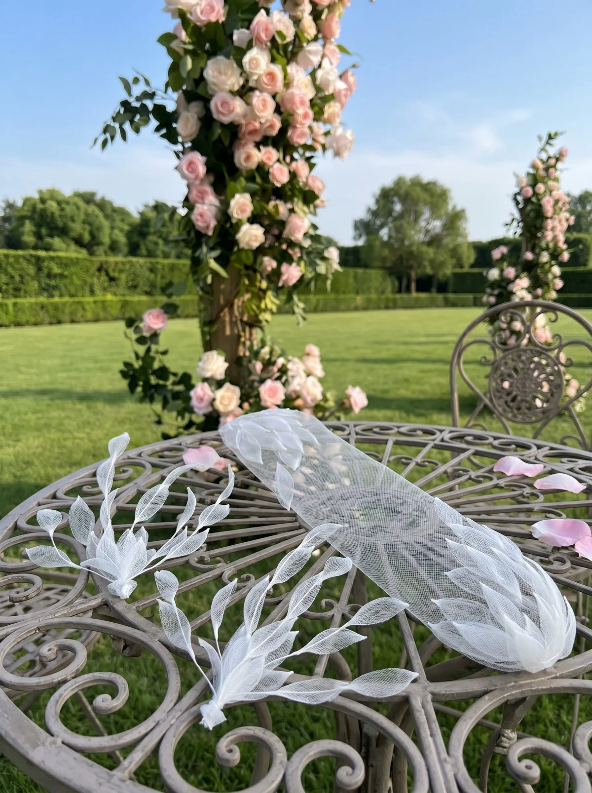 White organza leaf birdcage veil fascinator, sheer net face veil bridal headpiece for garden wedding