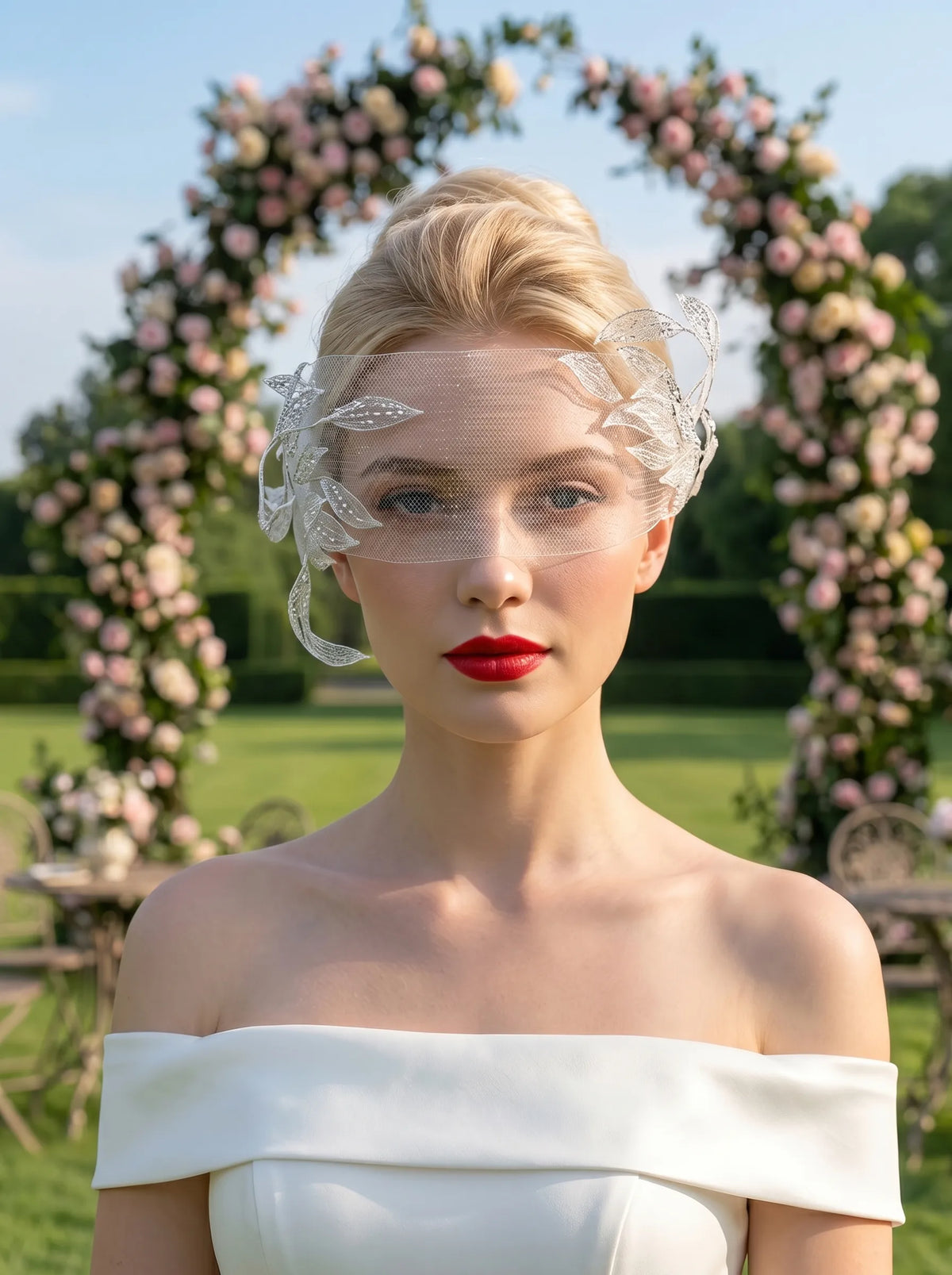 White organza leaf birdcage veil fascinator, sheer net face veil bridal headpiece for garden wedding