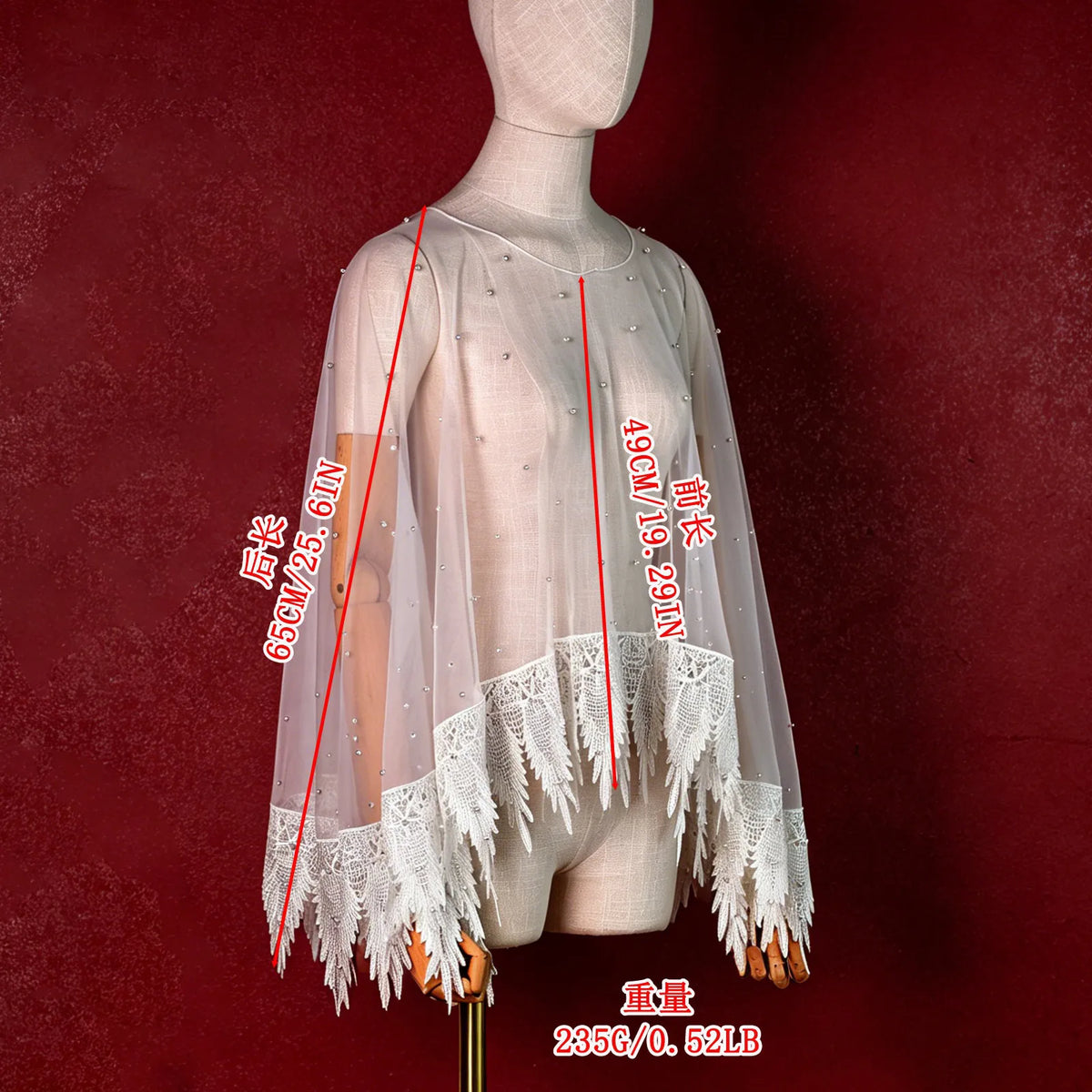 Dimension map showing 49cm front length, 65cm back length, and 235g weight for LUNA-X474 capelet