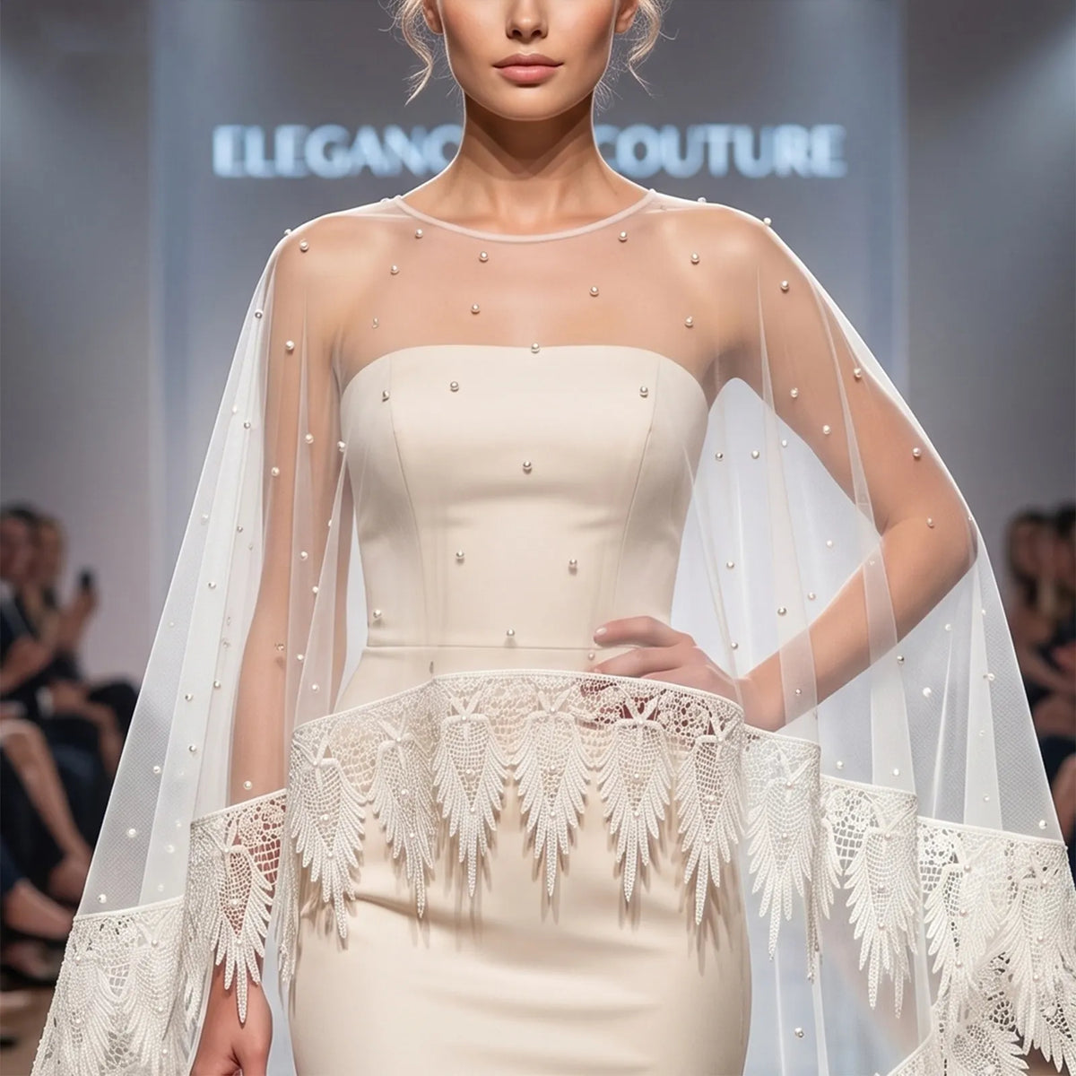 Model wearing pearl bridal topper on fashion runway catwalk in strapless ivory gown