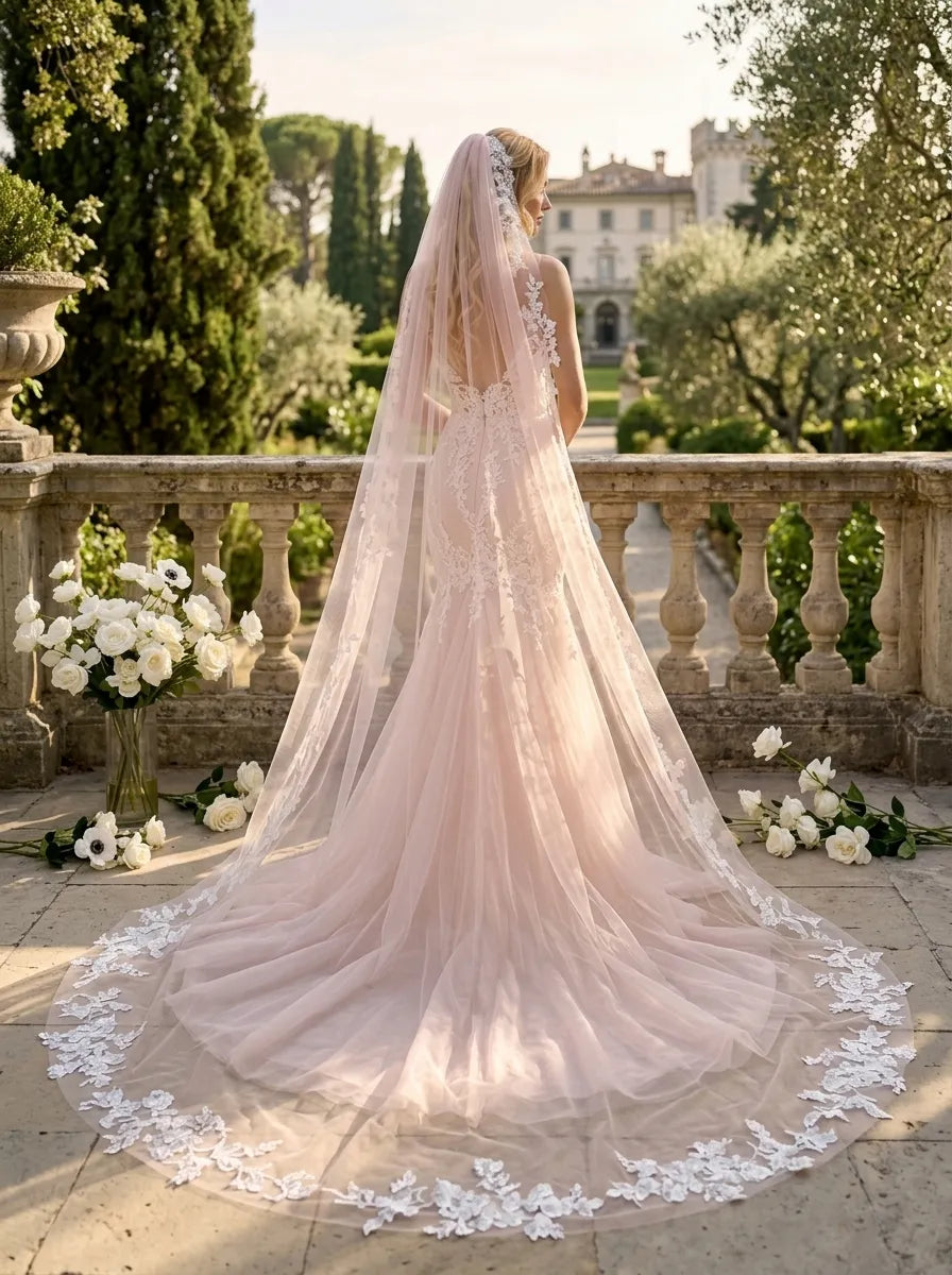 Rear view of bride on stone balcony wearing 300cm soft pink cathedral veil with floral lace trim