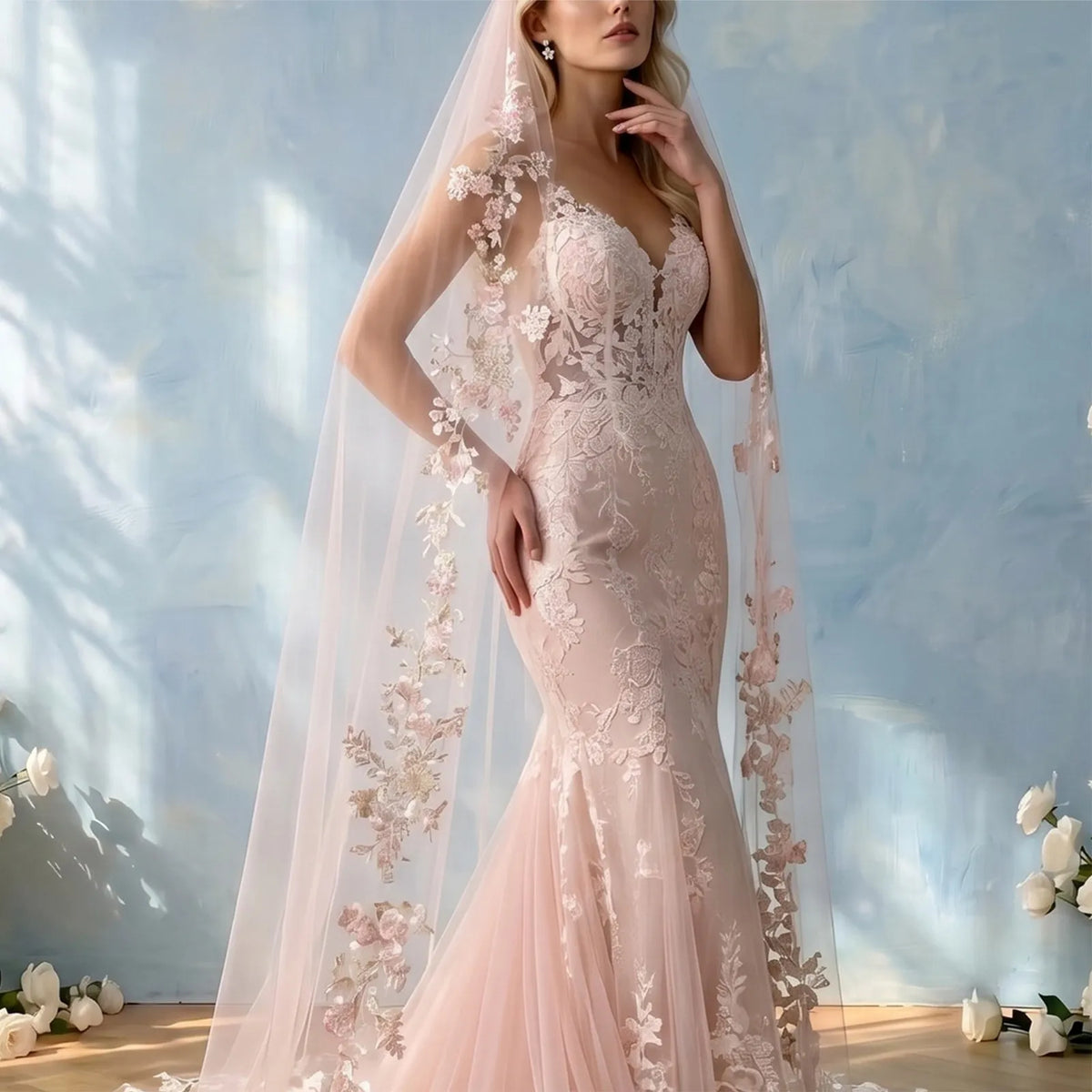 Front three-quarter view of bride in mermaid dress with cascading blush floral embroidery veil