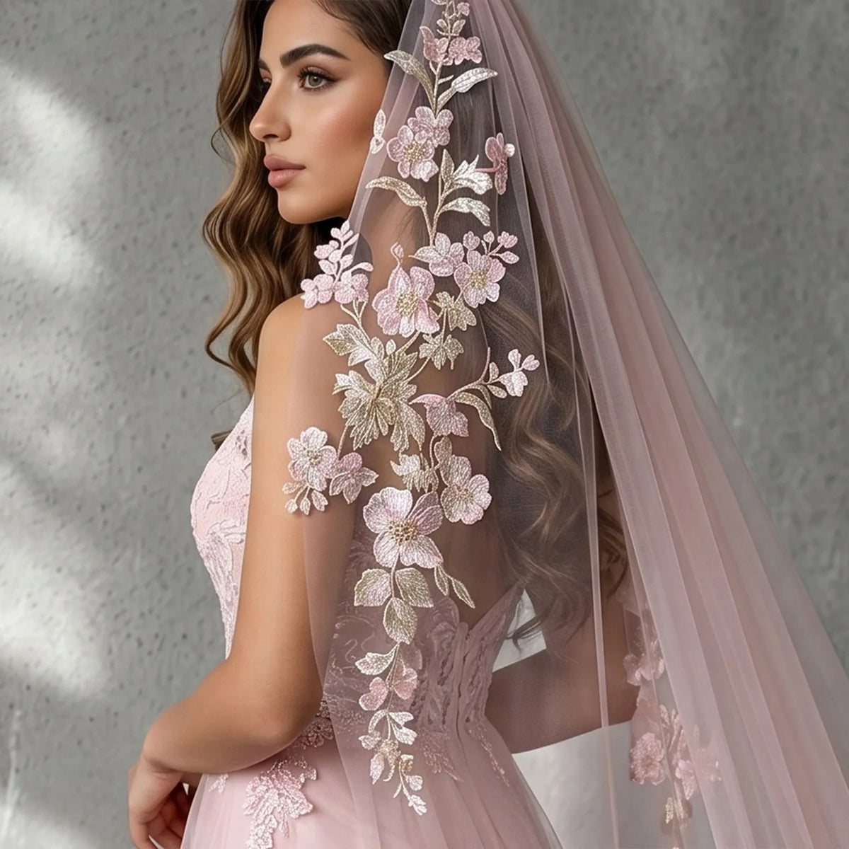 Side profile close-up of bride showcasing pink flower vine embroidery along edge of sheer veil