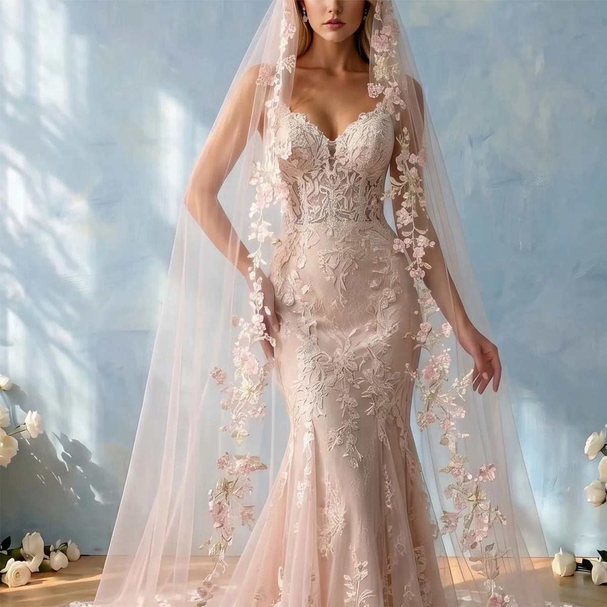 Full length front view of bride framing gown with soft pink floral embroidered sheer veil