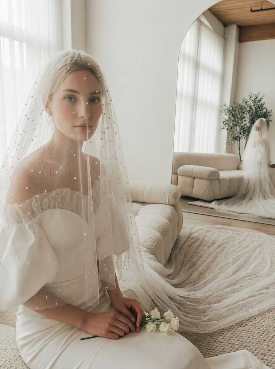 350cm polka dot cathedral length two tier bridal veil with 77cm blusher and vintage dotted tulle