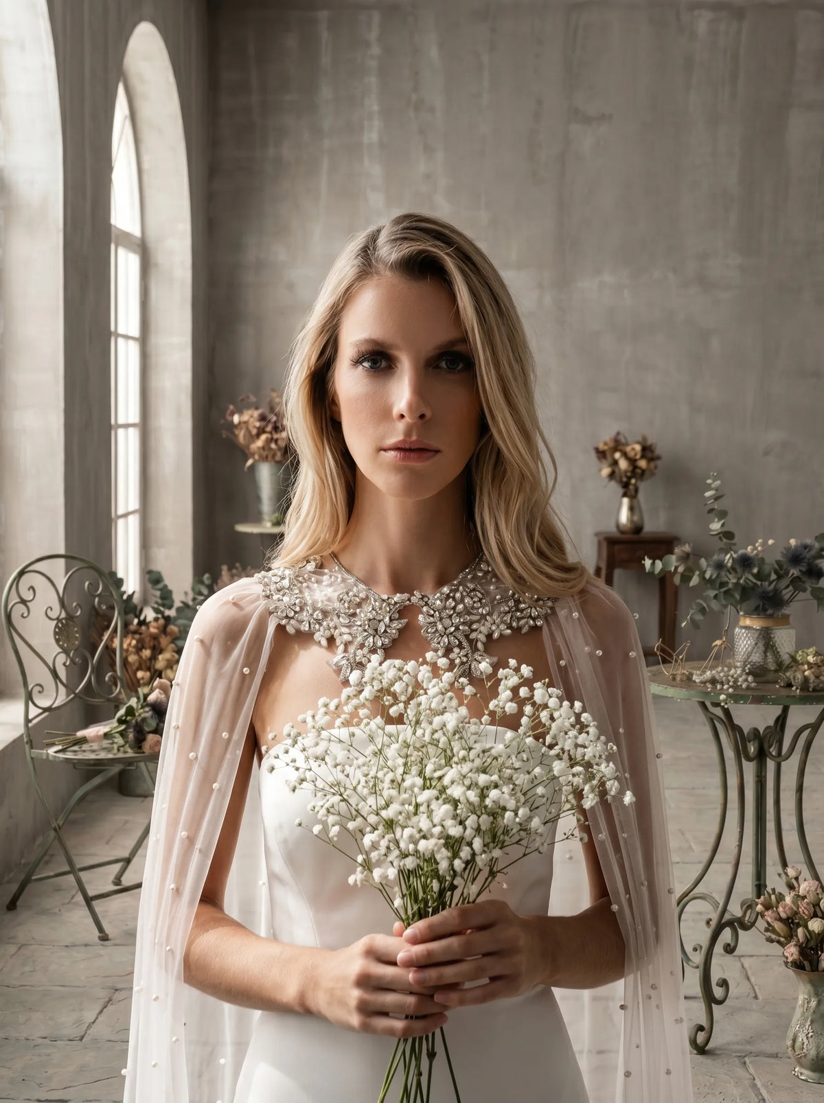 Rhinestone collar detail on cathedral wedding cape veil