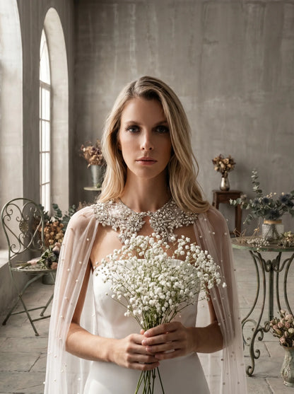 Rhinestone collar detail on cathedral wedding cape veil