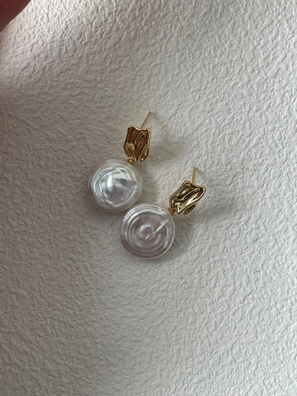 Pair of 18k gold-plated S925 silver molten stud coin baroque pearl drop earrings flatlay.