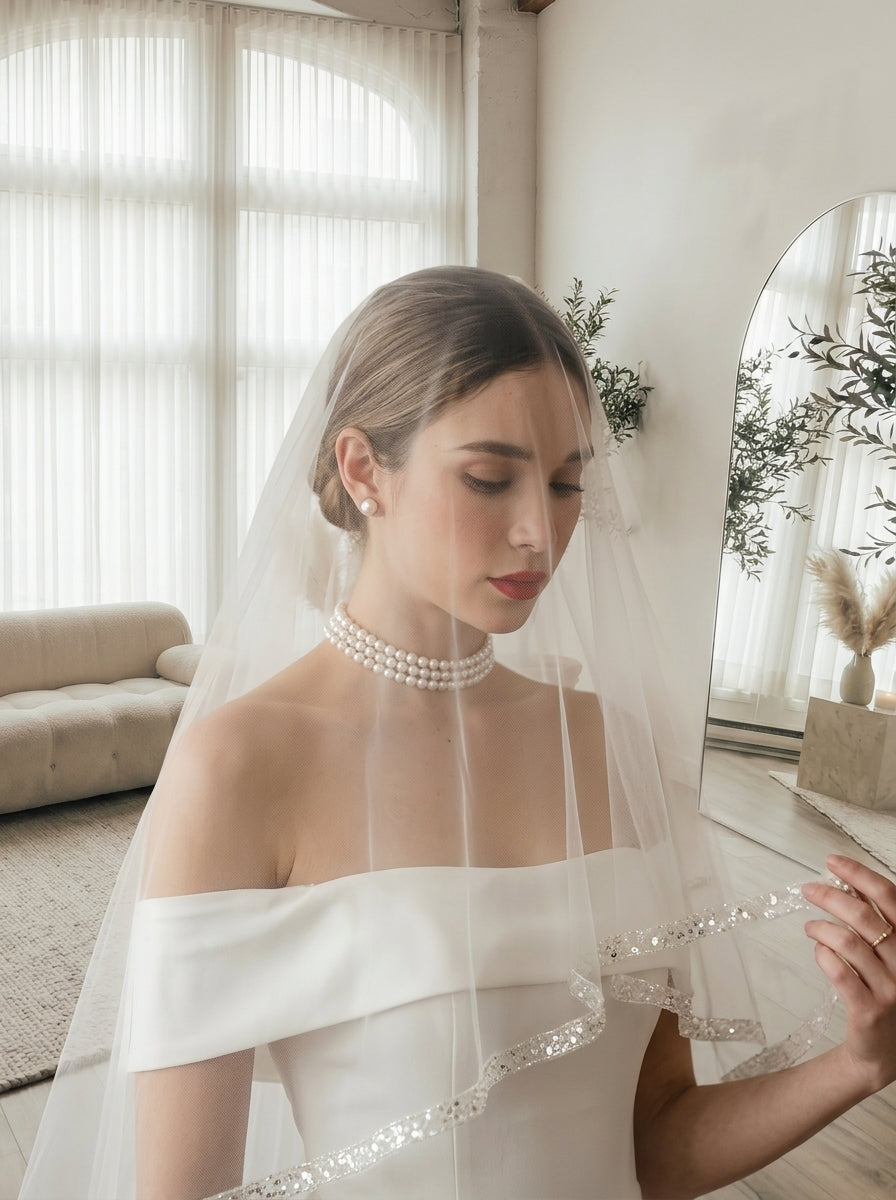 415cm royal cathedral length two tier bridal veil with 145cm blusher and delicate beaded trim