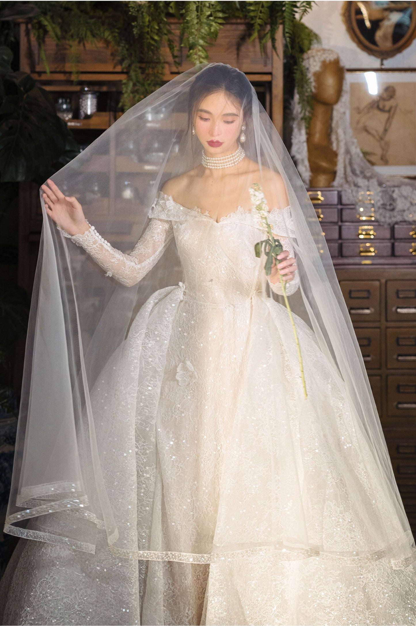 415cm royal cathedral length two tier bridal veil with 145cm blusher and delicate beaded trim