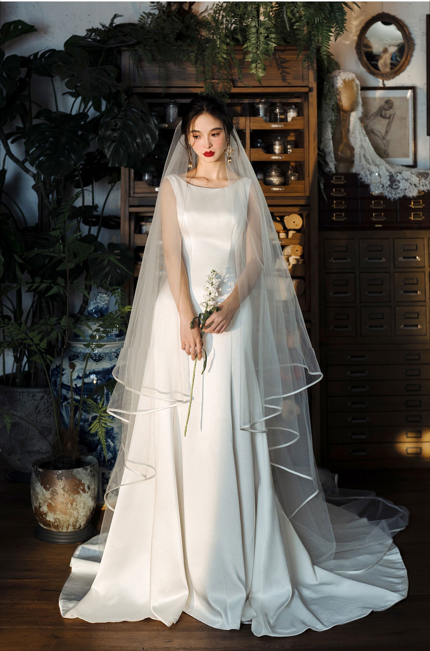 380cm royal cathedral length two tier bridal veil with blusher and ribbon horsehair edge trim