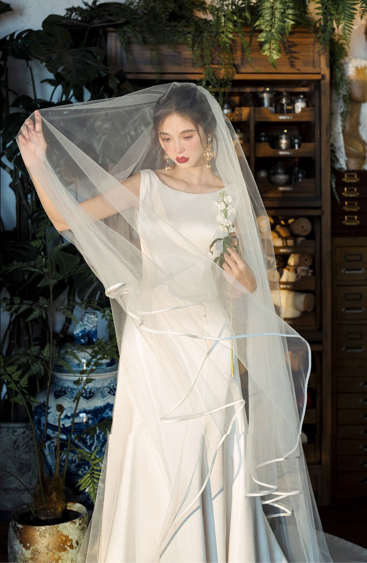 380cm royal cathedral length two tier bridal veil with blusher and ribbon horsehair edge trim