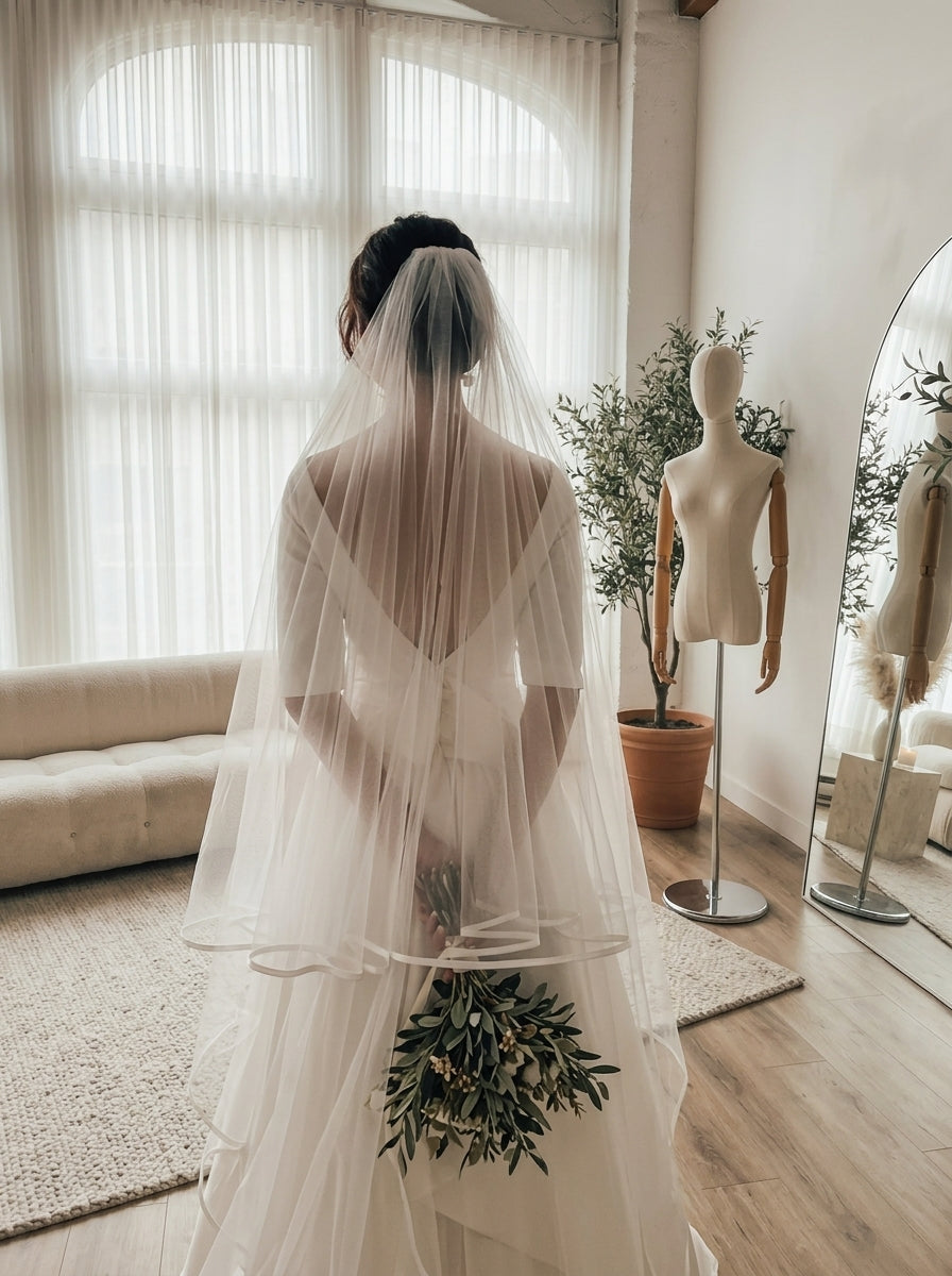 380cm royal cathedral length two tier bridal veil with blusher and ribbon horsehair edge trim