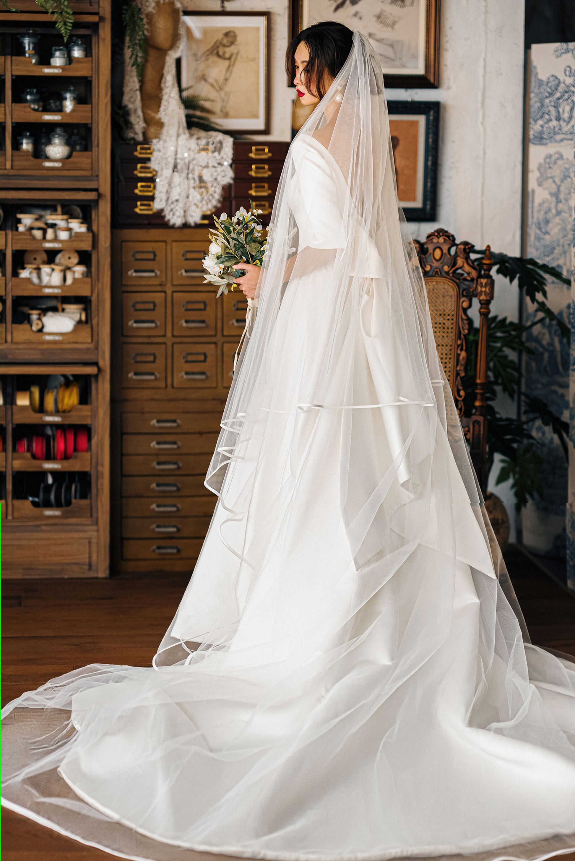 380cm royal cathedral length two tier bridal veil with blusher and ribbon horsehair edge trim