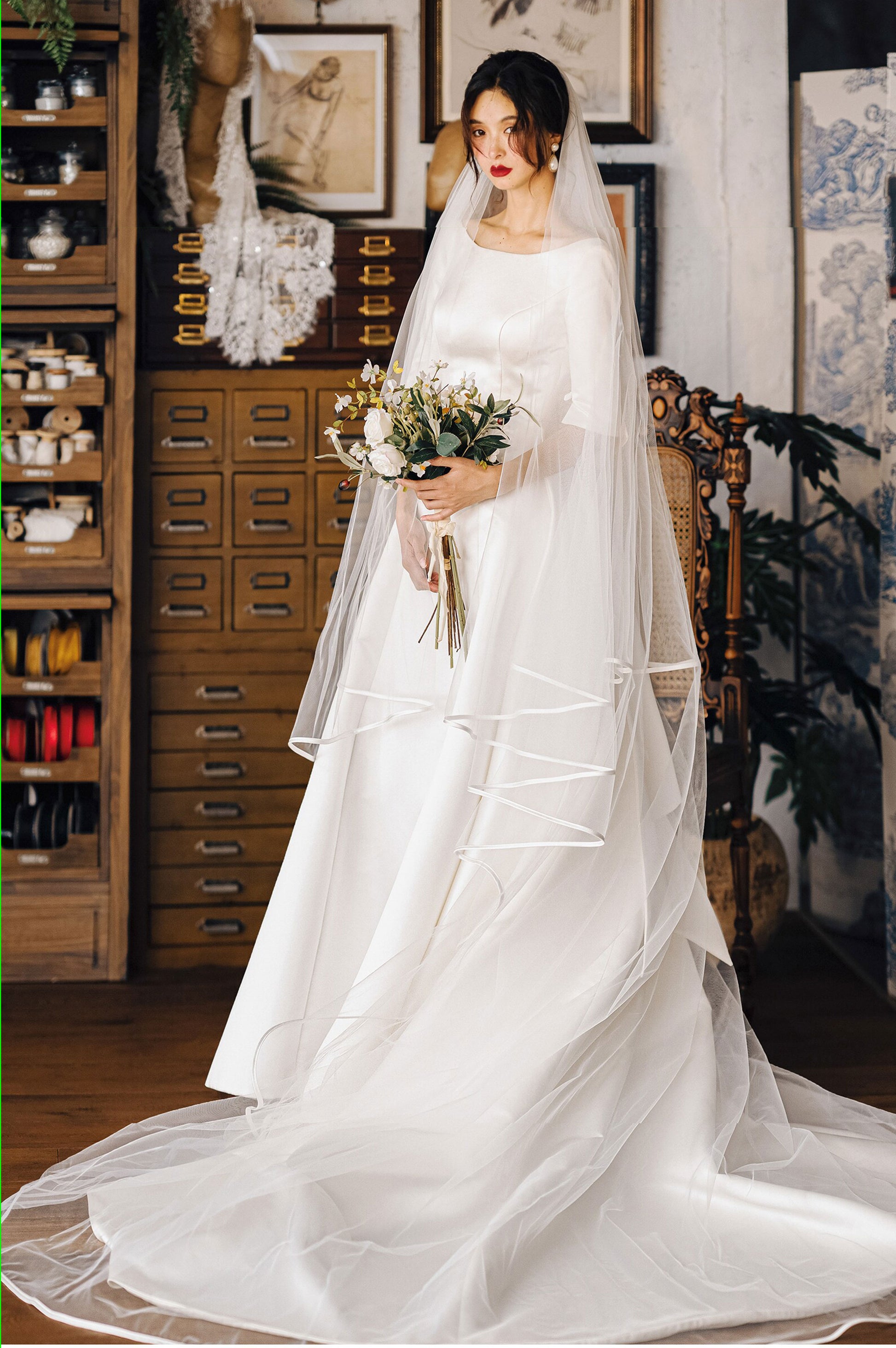 380cm royal cathedral length two tier bridal veil with blusher and ribbon horsehair edge trim
