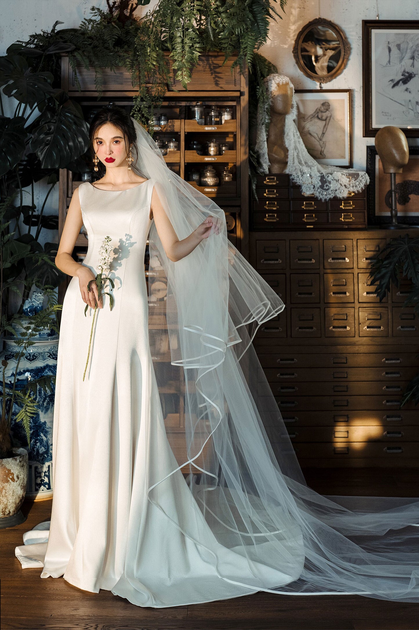 380cm royal cathedral length two tier bridal veil with blusher and ribbon horsehair edge trim