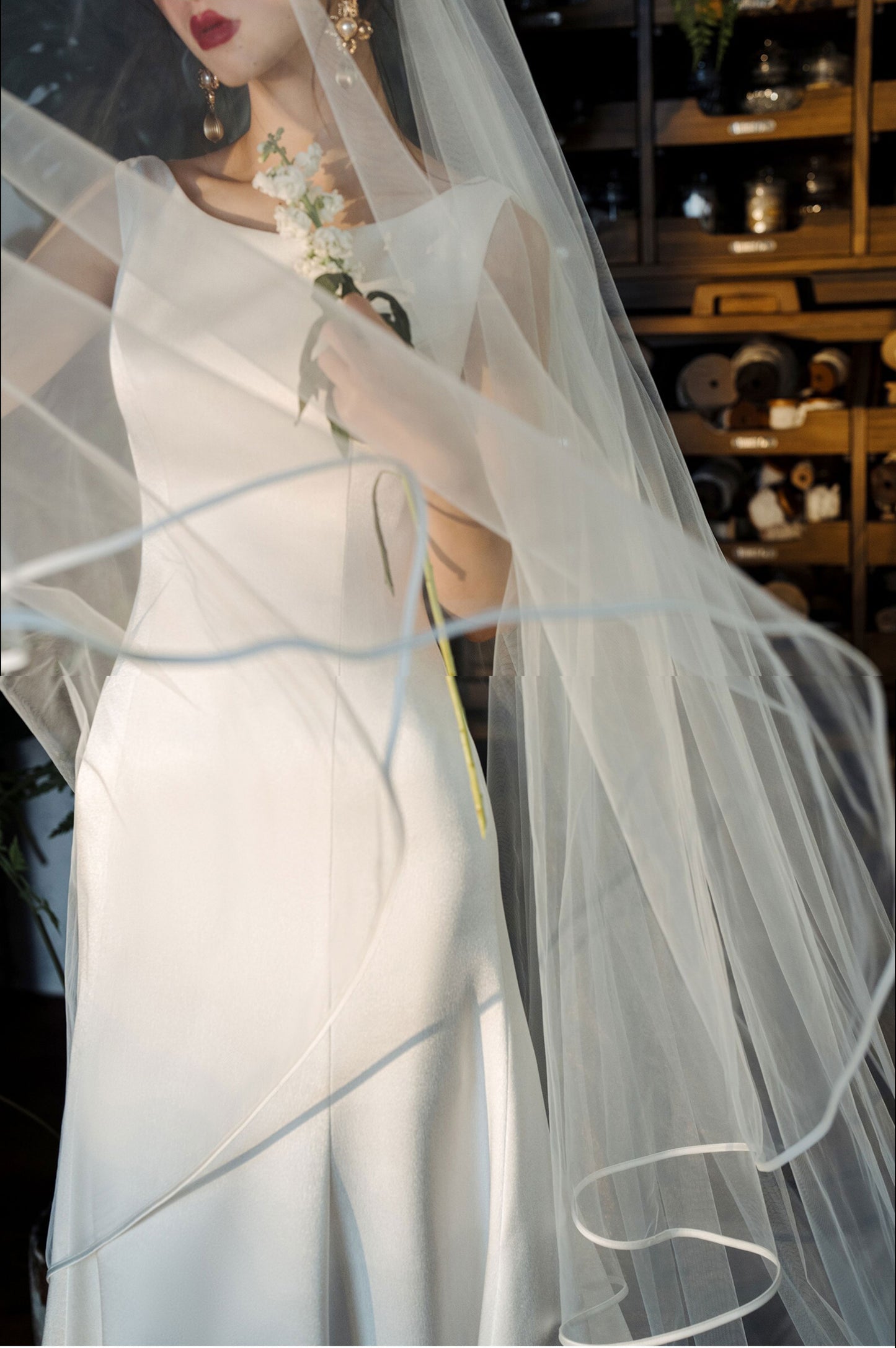 380cm royal cathedral length two tier bridal veil with blusher and ribbon horsehair edge trim