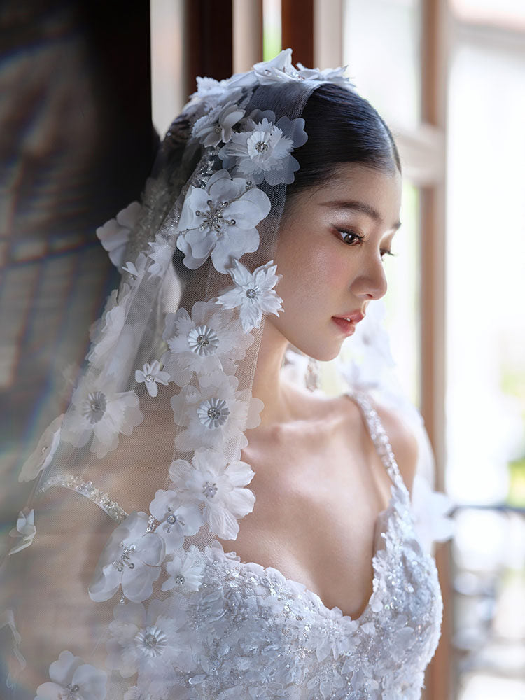 Luxury royal cathedral wedding veil with cascading 3D floral details