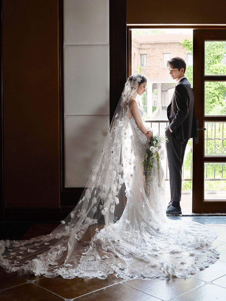 Luxury royal cathedral wedding veil with cascading 3D floral details
