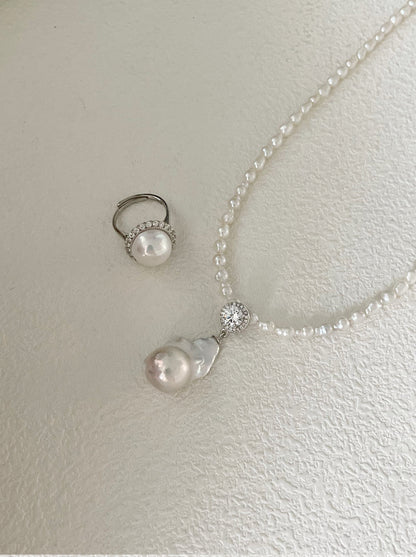 CZ baroque pearl drop necklace on soft neutral backdrop, elegant bridal pearl jewelry