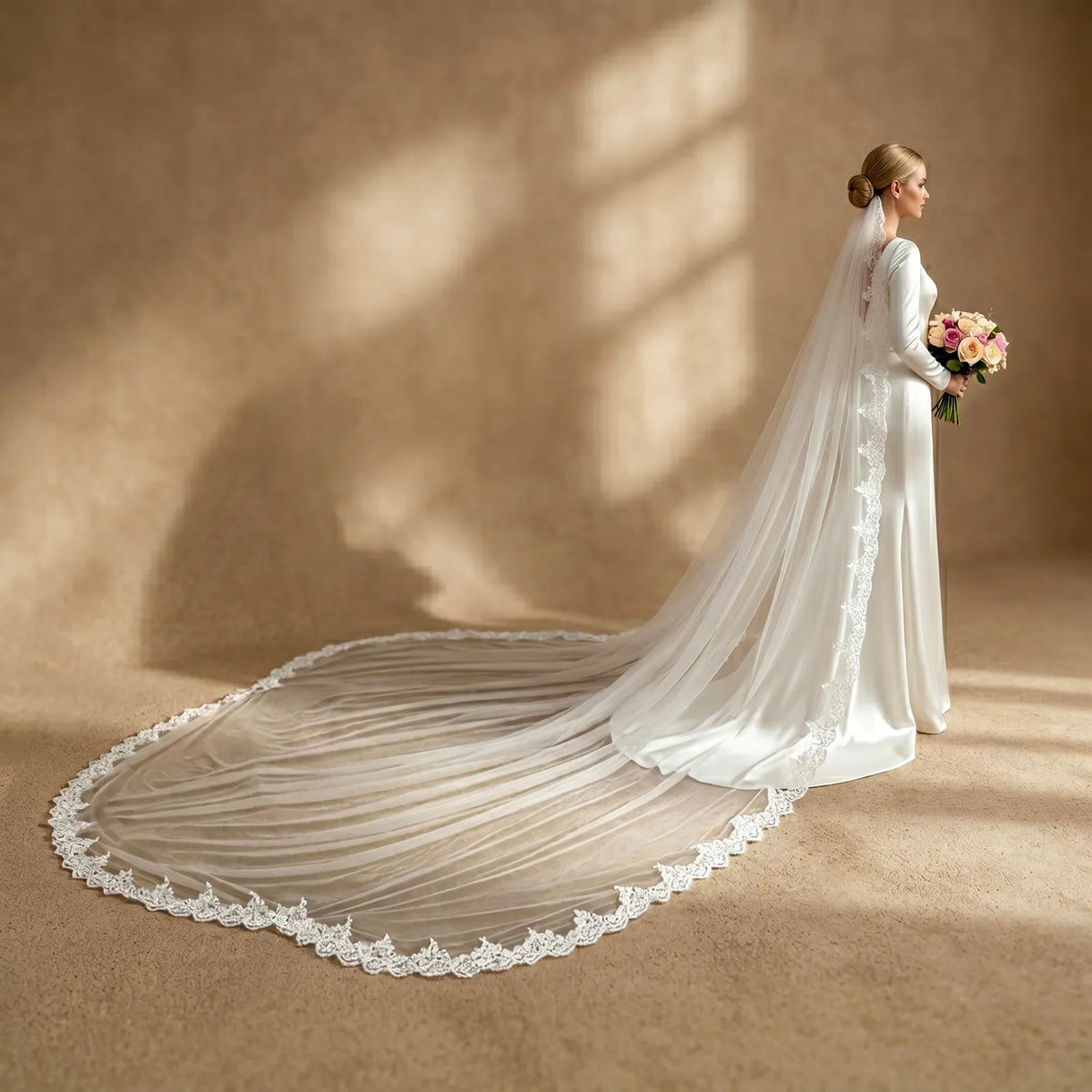 Side profile view of bride holding bouquet with long sequin lace cathedral veil cascading behind